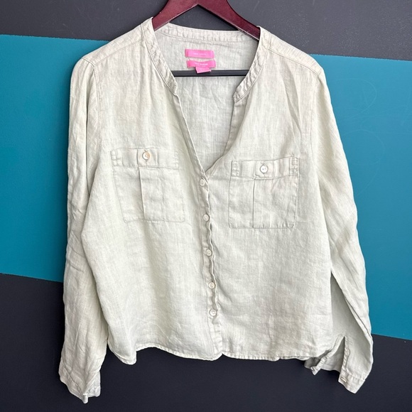 Isaac Mizrahi Light Cream Button-Up Blouse 100% linen - Picture 1 of 7